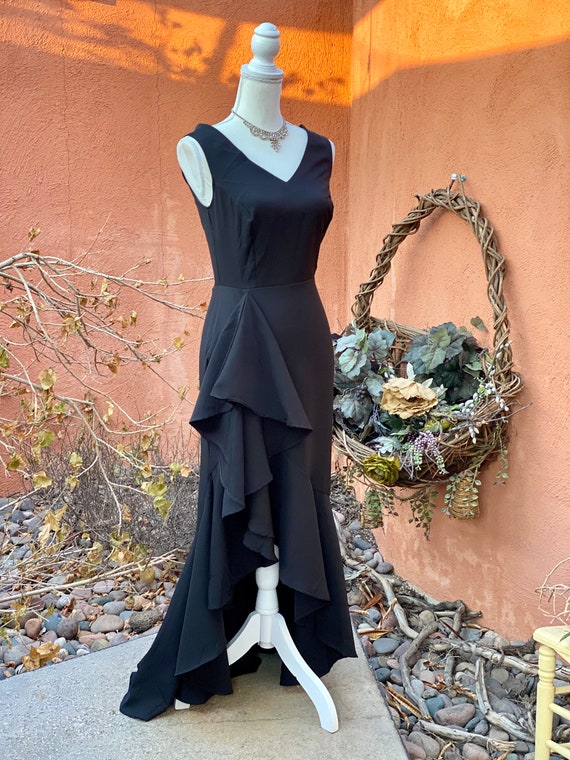 90s Black Sexy Full Length Dress Ruffled Detailed… - image 8