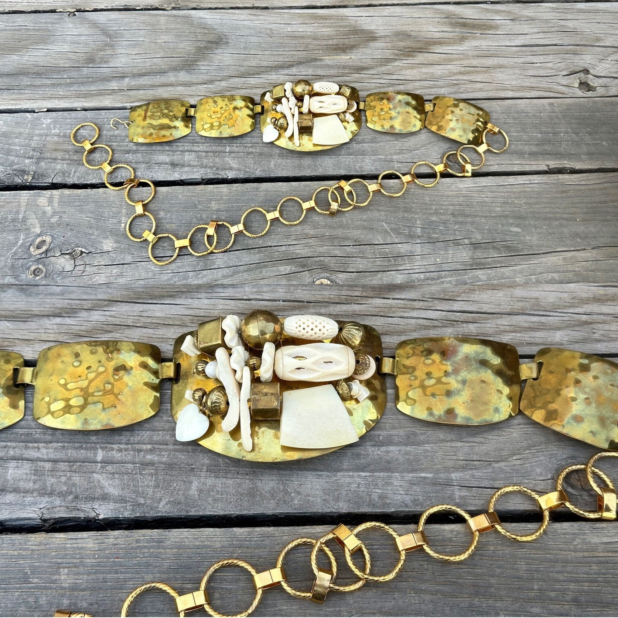 80s Signed by Artist Gold Hammered Brass Bookchain Link Belt  display picture 2