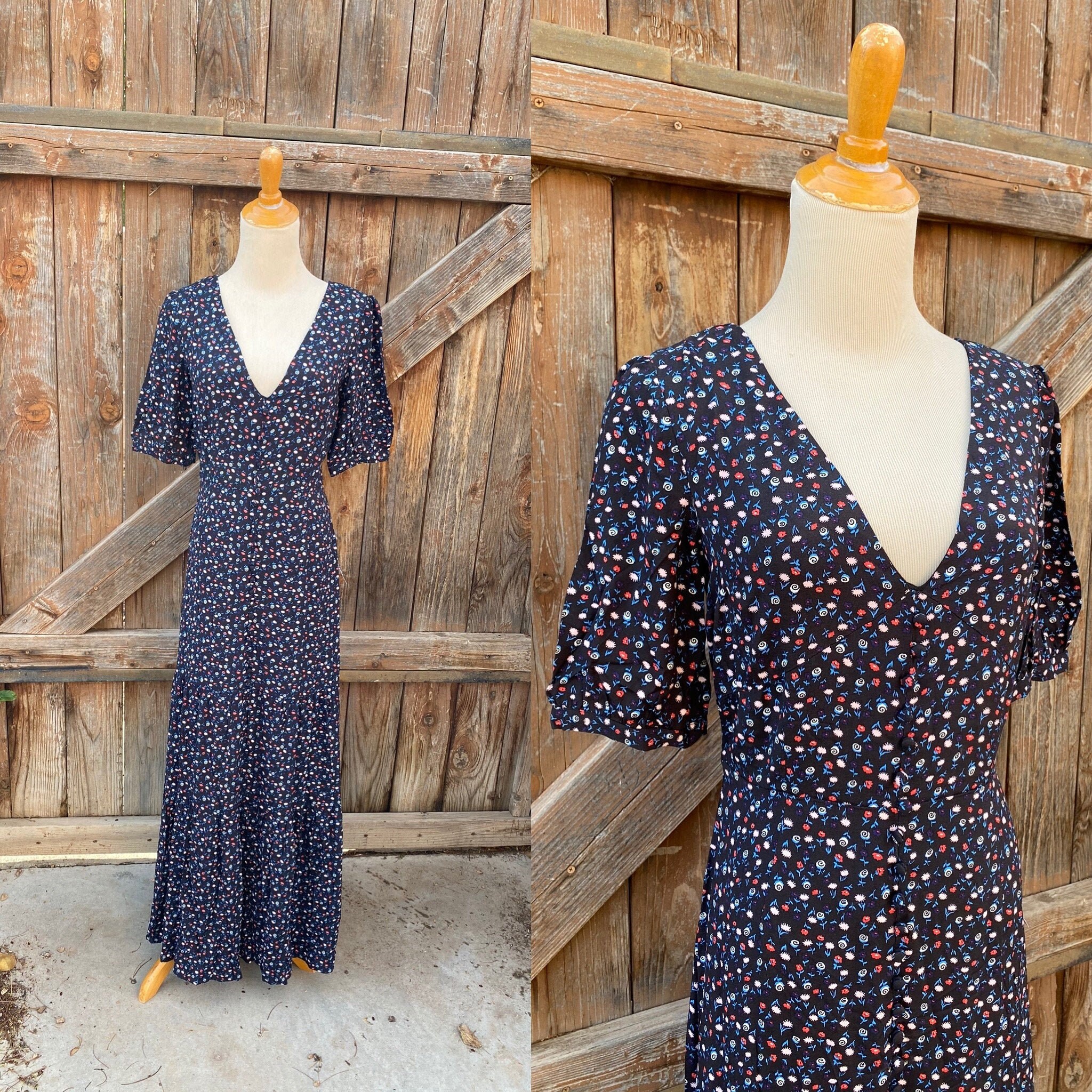 Retro Vintage Black Floral Print Maxi Dress NEW Old Stock by