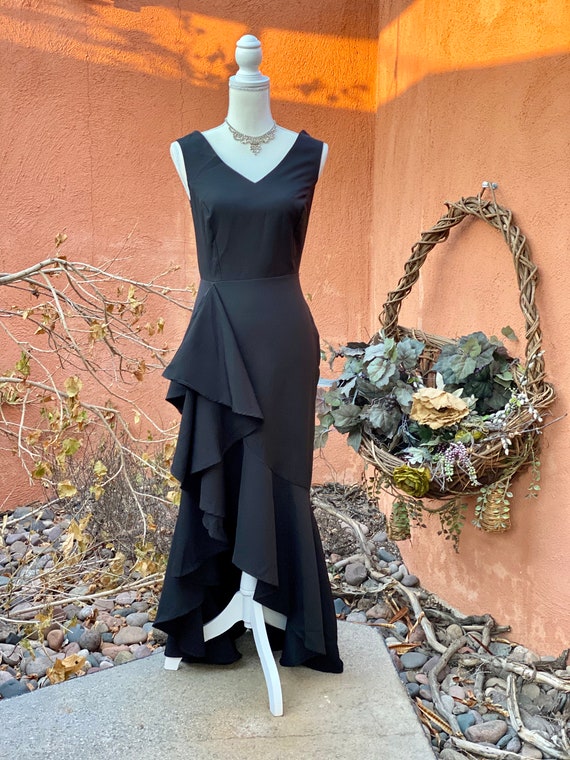 90s Black Sexy Full Length Dress Ruffled Detailed… - image 7