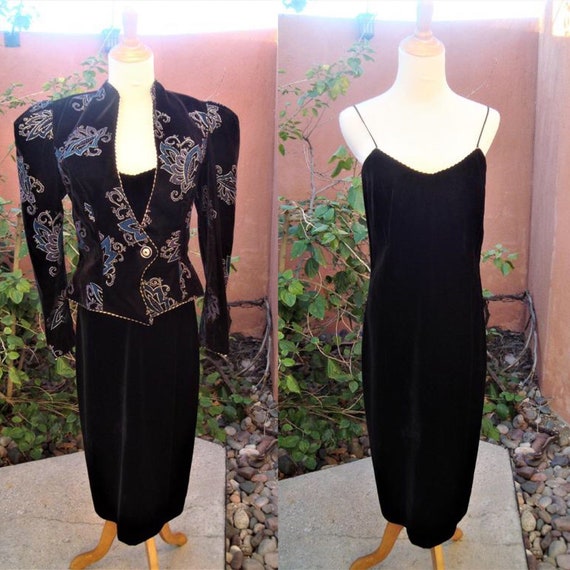 1980s Black Velvet Dress With Matching Embellished Jacket | Etsy