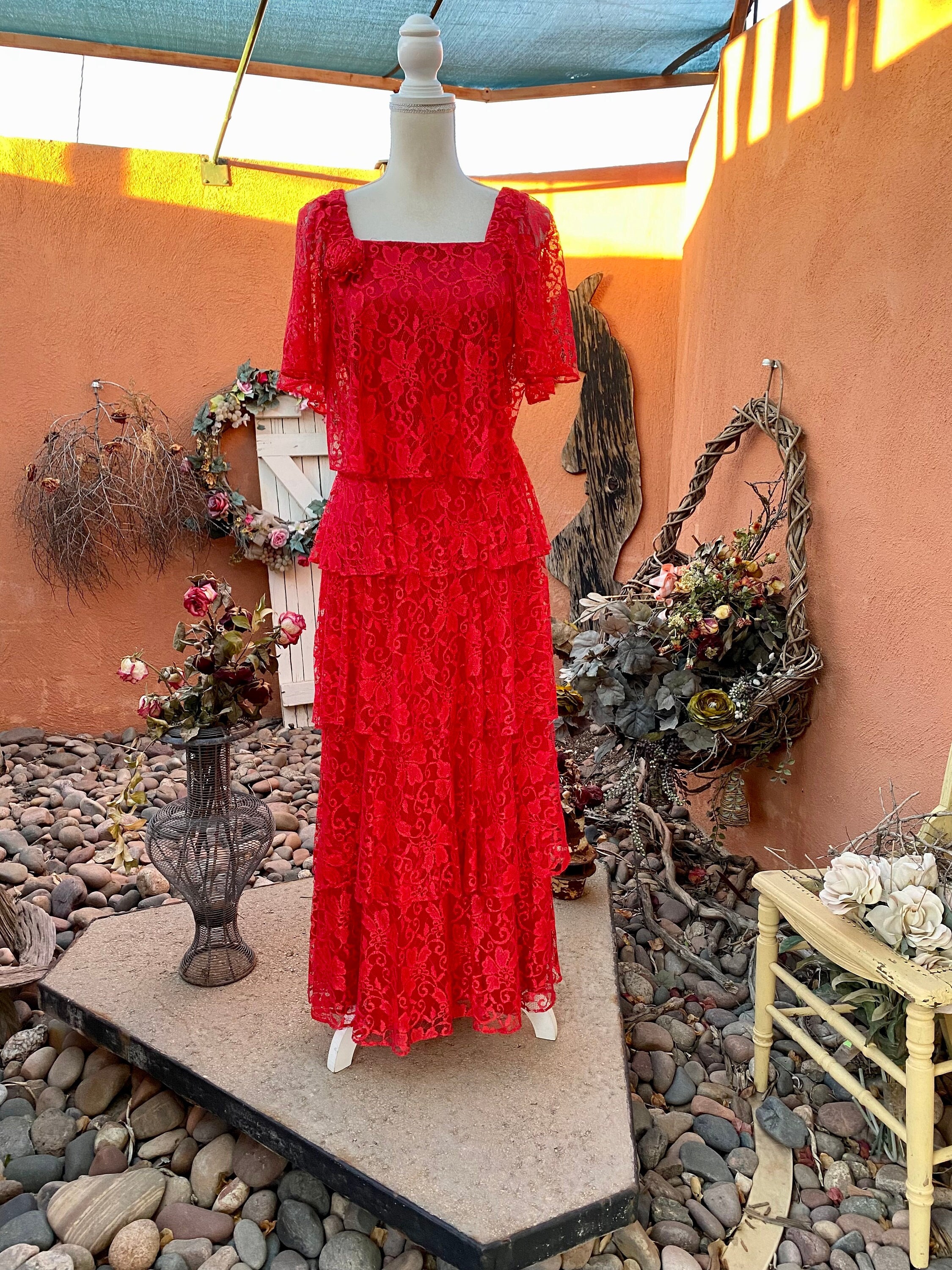 80s Red Tiered Lace Maxi Dress By Mister Jay Size 8 80s Red Tiered Lace Maxi Dress By Mister Jay Size 8