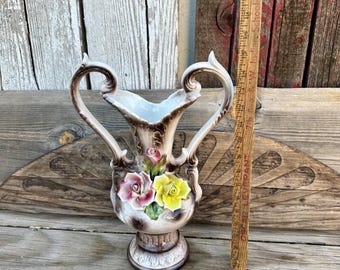 Vintage Large Italian Capodimonte Ceramin Flower Double Handle Urn