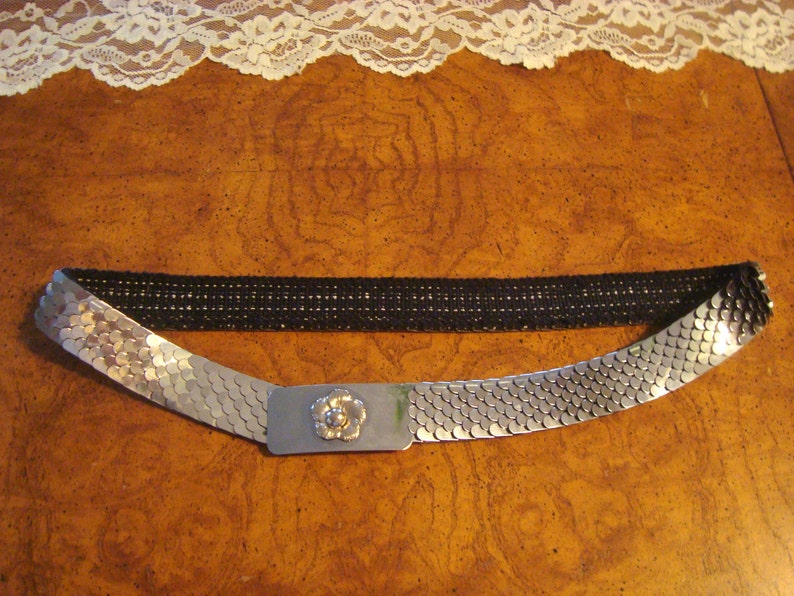 Vintage Silver Fish Scale Metal Stretch Belt Floral Buckle Etsy