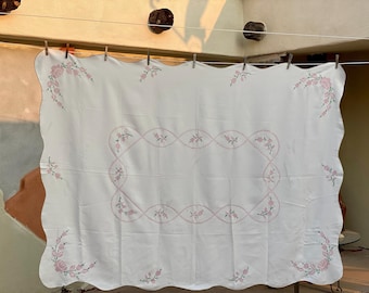 Vintage Light Ivory Beige Tablecloth Linen Pink Floral Cross Stitch Embroidery 68" x 50"