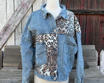 80s Vintage Distressed Denim Jacket Leopard Print Patches Size L