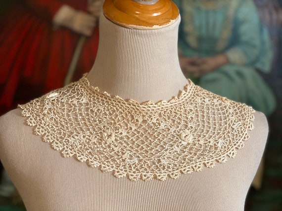 Antique 1910s Edwardian Ecru Hand Crochet Collar R