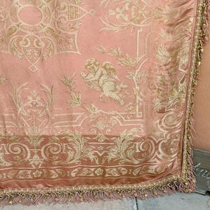 c1890 French Pink Woven Silk Jacquard Cupid Trellis Ceil de Lit Bed Drape Handmade Trim 88&quot; x 86&quot;