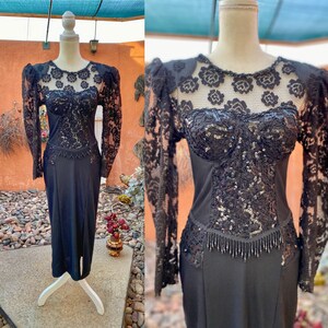 80s Black Bodycon Embellished Trophy Dress Built in Bra Illusion Lace Neckline Size M