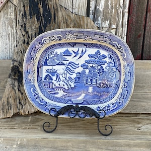 Antique c1850 English Blue Willow Platter Large 18.5&quot; x 14.5&quot;