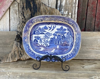 Antique c1850 English Blue Willow Platter Large 18.5" x 14.5"