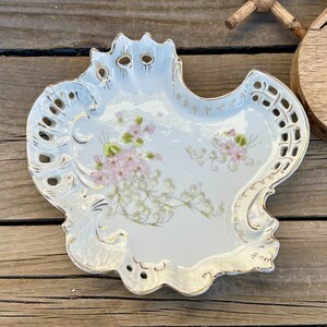 Vintage Victorian Open Scroll Porcelain Hand Painted Florals Trinket Dish