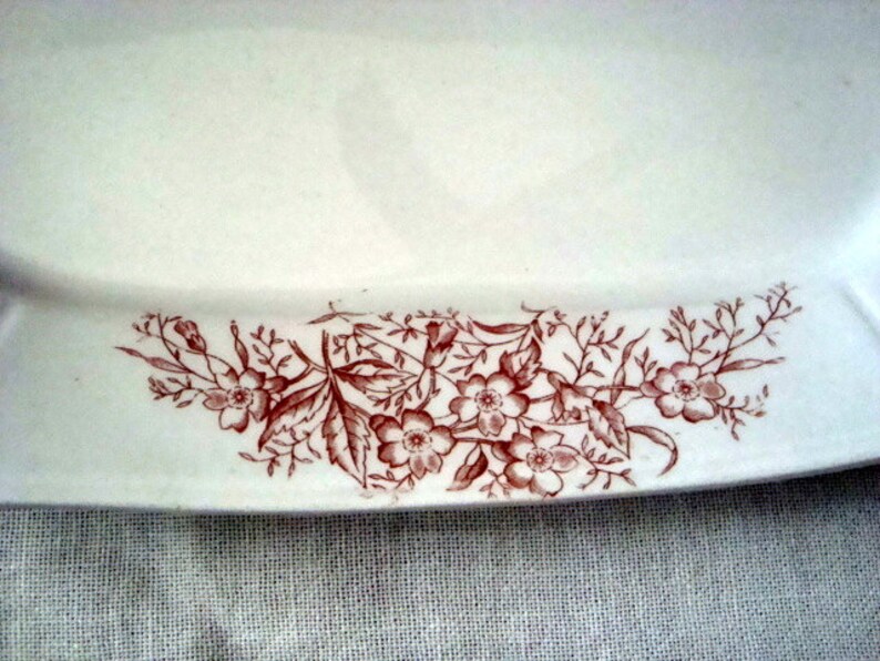 Antique White Stone China Platter Brown Floral Leaves 14.75 x 11 Dieu et mon Droit Rustic Farmhouse image 3