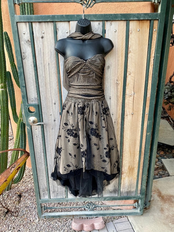 80s Black Floral Velvet French Net Dress: High Low Tulle Slip, Size S