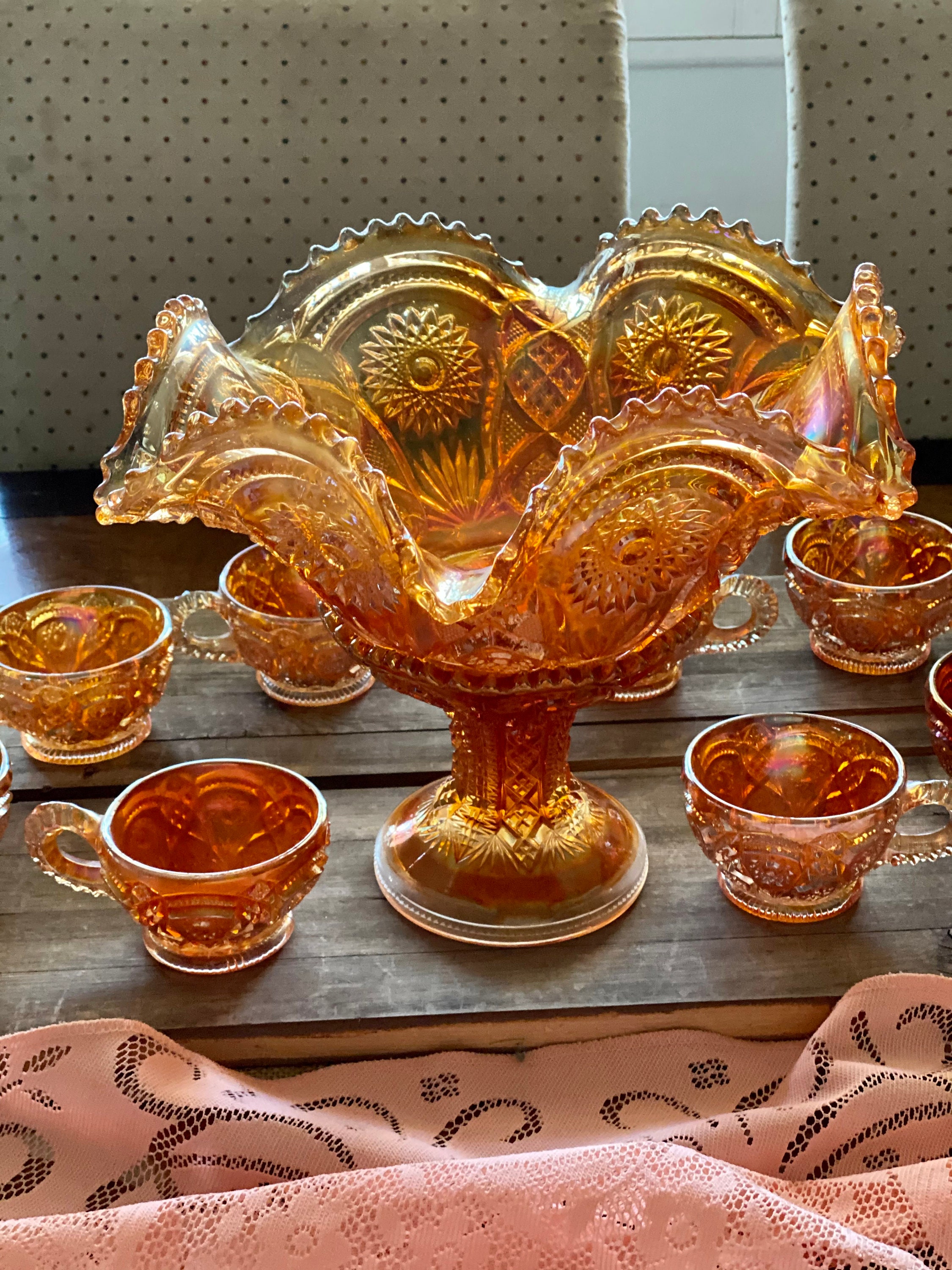 1915-20 Marigold Carnival Imperial Glass Hobstar N Flower Pattern