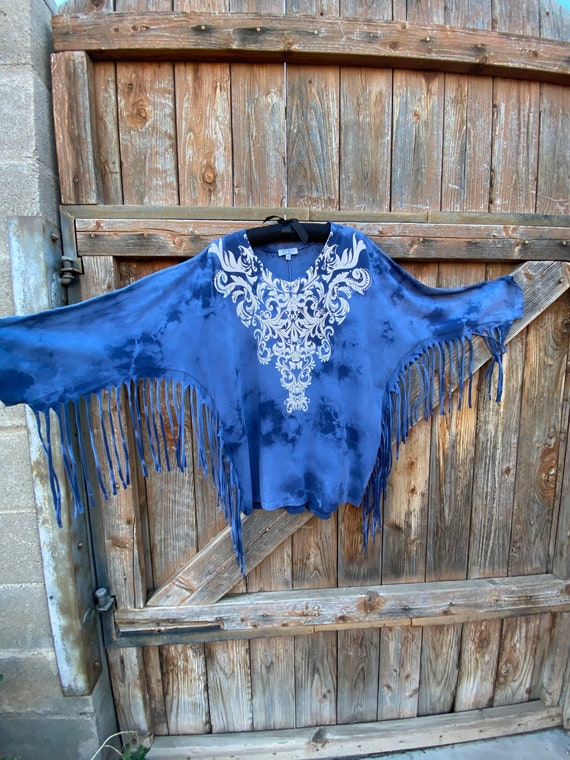 1980s Blue Tie Die Western Fringe Shirt 