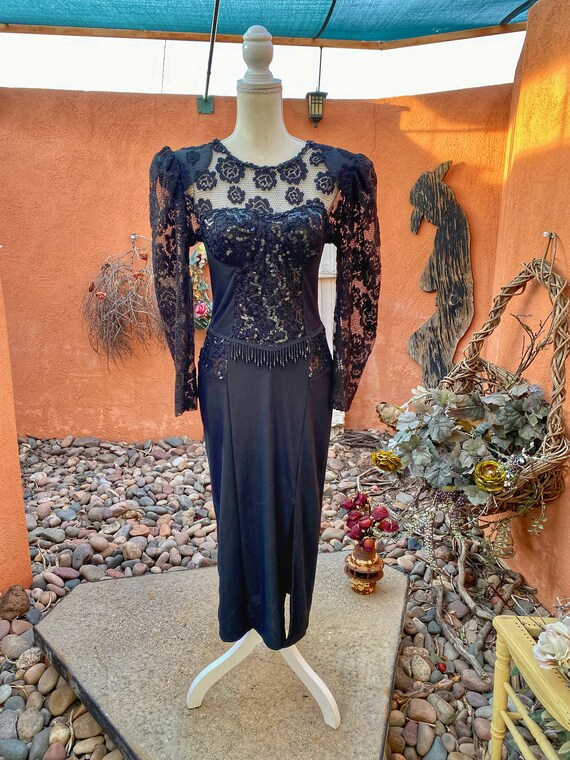 80s Black Bodycon Embellished Trophy Dress Built in Bra Illusion Lace  Neckline Size M 