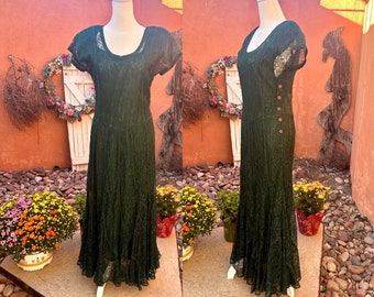 90s Vintage Forest Green Lace Midi Dress By Nostalgia Size L