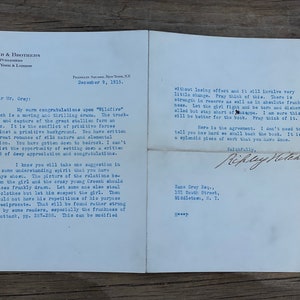 Antique 1915 Rare Letter To Author Zane Grey From Publisher Discussing WILDFIRE Book Before Its Publication