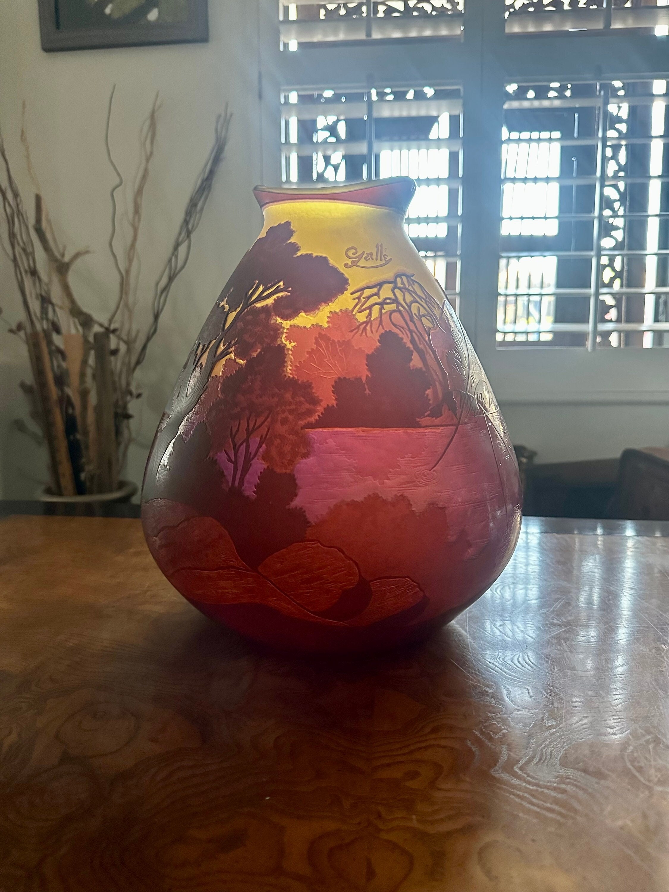 Vintage Galle Style Signed Romanian Art Glass Vase Fishing Lake