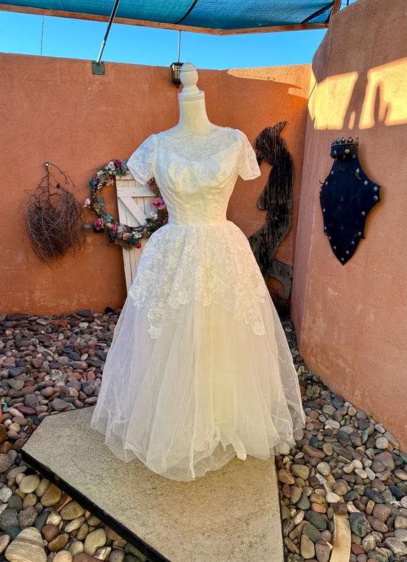 Vintage 1950s White Cupcake Lace Tea Length Wedding Gown ENSEMBLE Bullocks Pasadena Size S