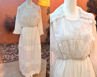 Edwardian 1900-1910 White Cotton n Lace Tea/Lawn Dress Size S