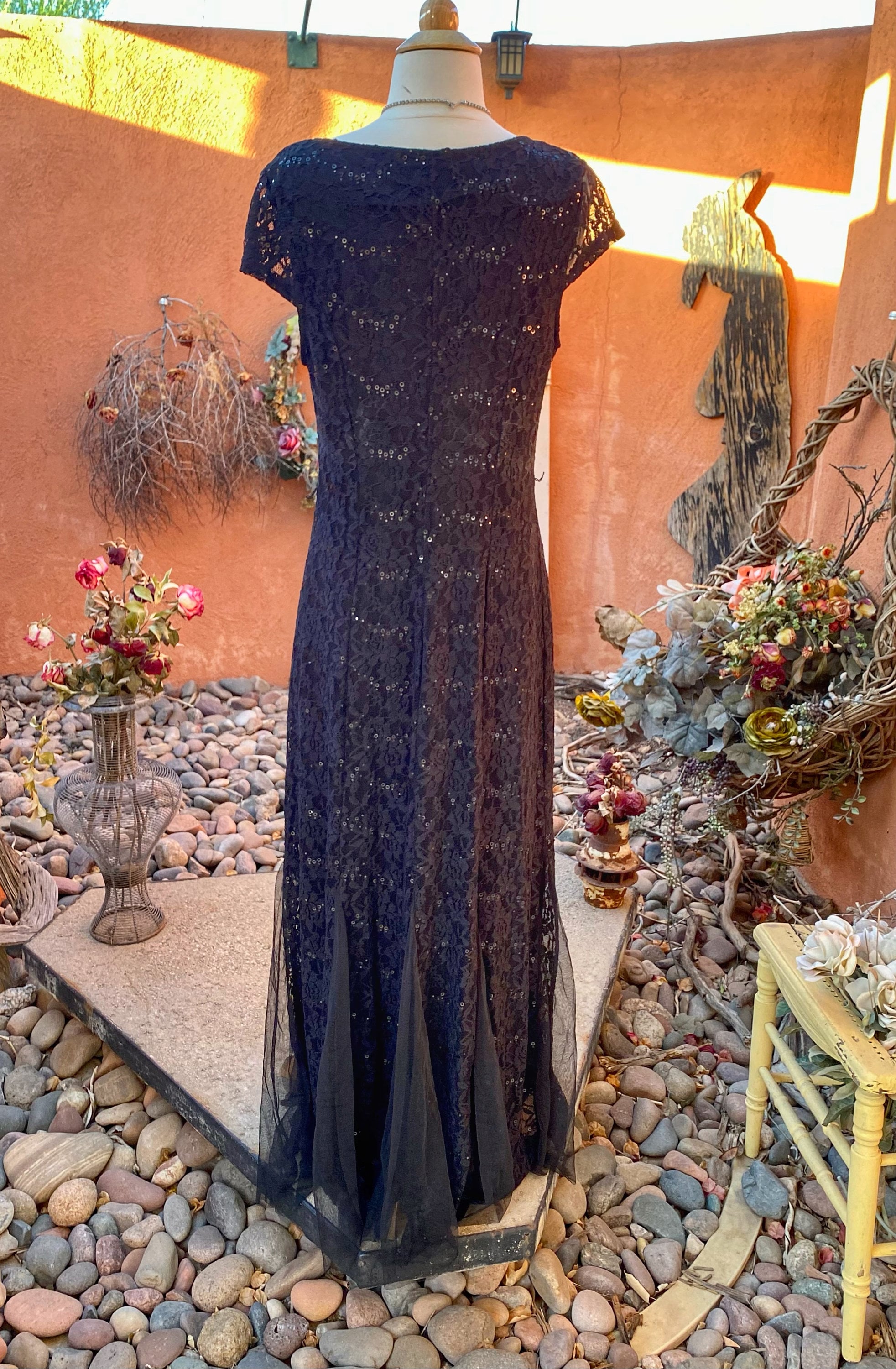 90s Vintage Black Stretch Lace Formal Maxi Dress Mermaid Panel Hem Sequin Embellished Size L