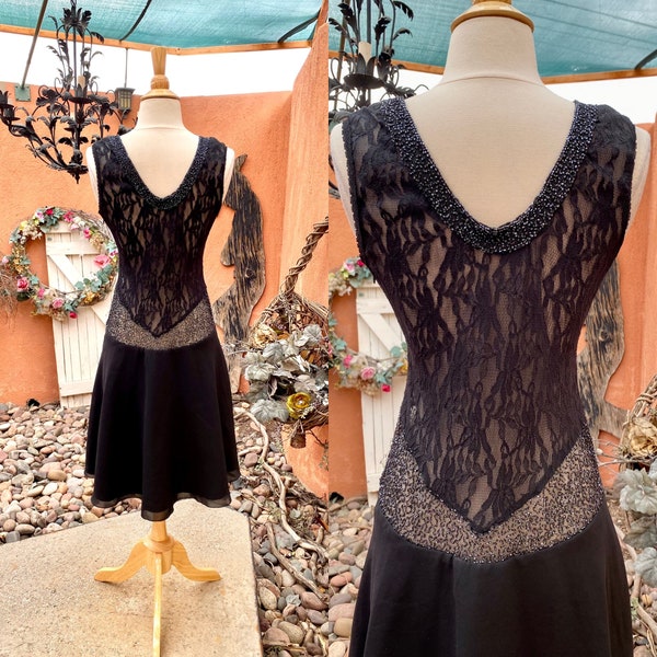 90s Black Sheer Stretch Lace Bodice Slip Dress Size S