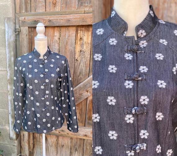 Vintage Lightweight Black Cotton Jacket White Daisy Embroidery Frog Style Closures By Cambridge Dry Goods Co Size 12