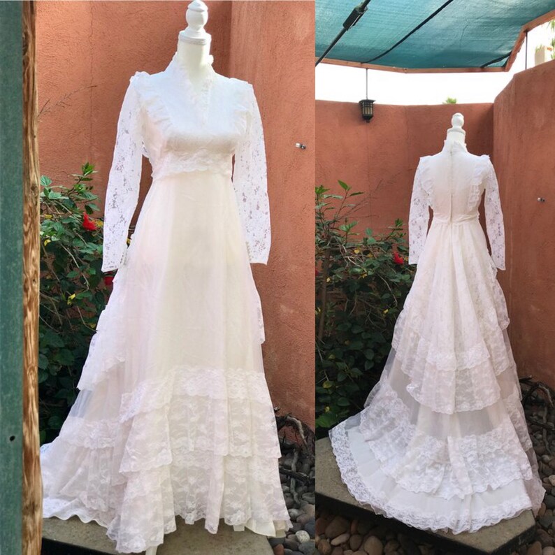 1970s White Victorian Revival Wedding Dress Ilgwu Long Lace Etsy