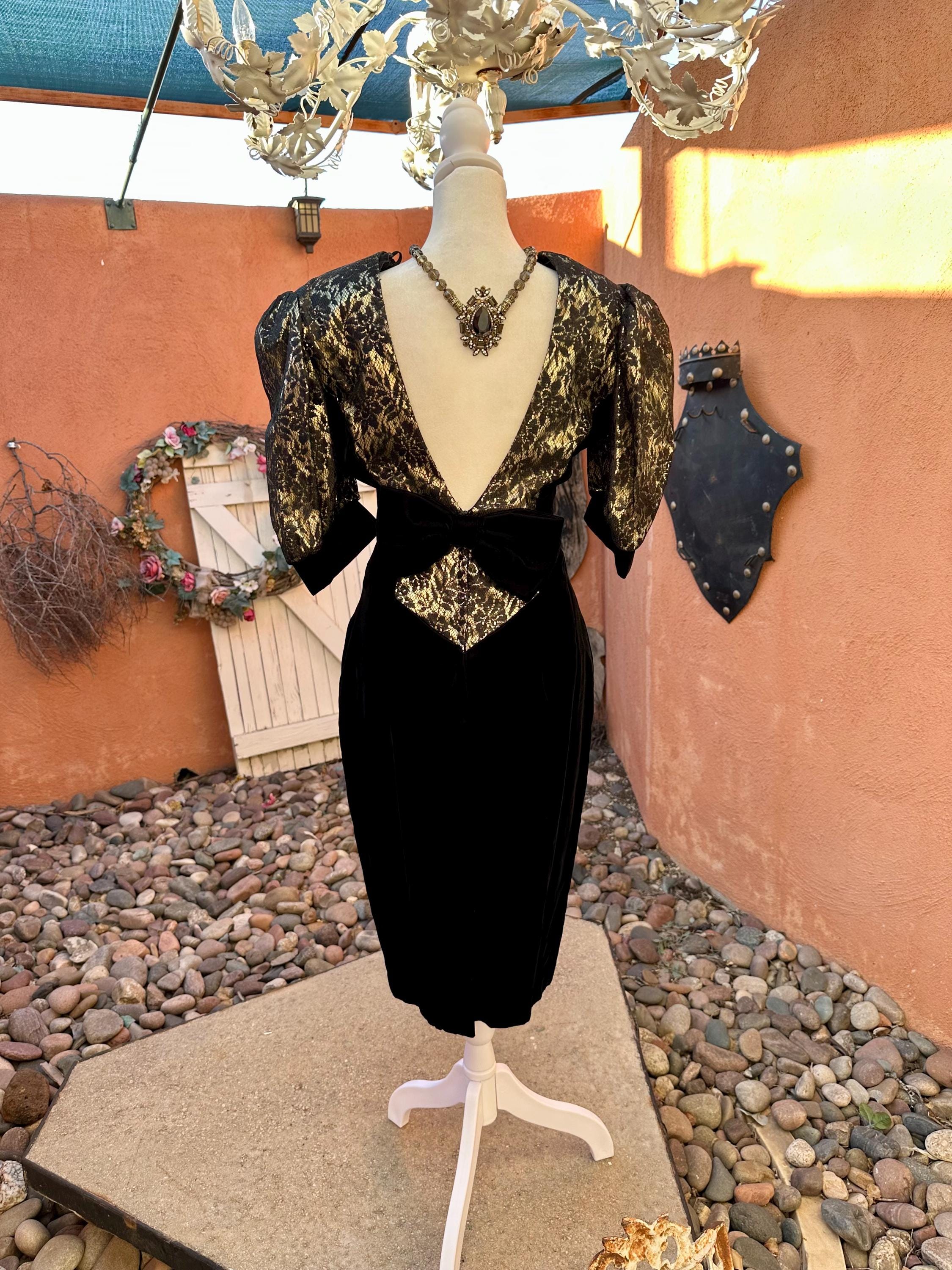 90s Black Velvet Lace Dress - Jessica McClintock Gold Scoop Back