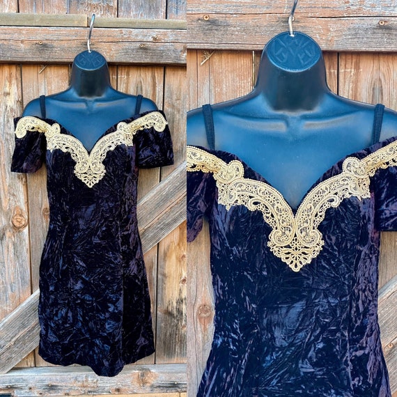 90s Vintage Black Crushed Velvet Dress off Shoulder Gold Lace