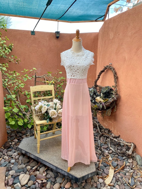 Vintage Sheer Peach-y Pink Lined Maxi White Lace … - image 1