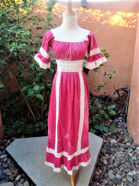 SALE 1960s Boho Hippy Mexican Wedding Dress Pink … - image 2