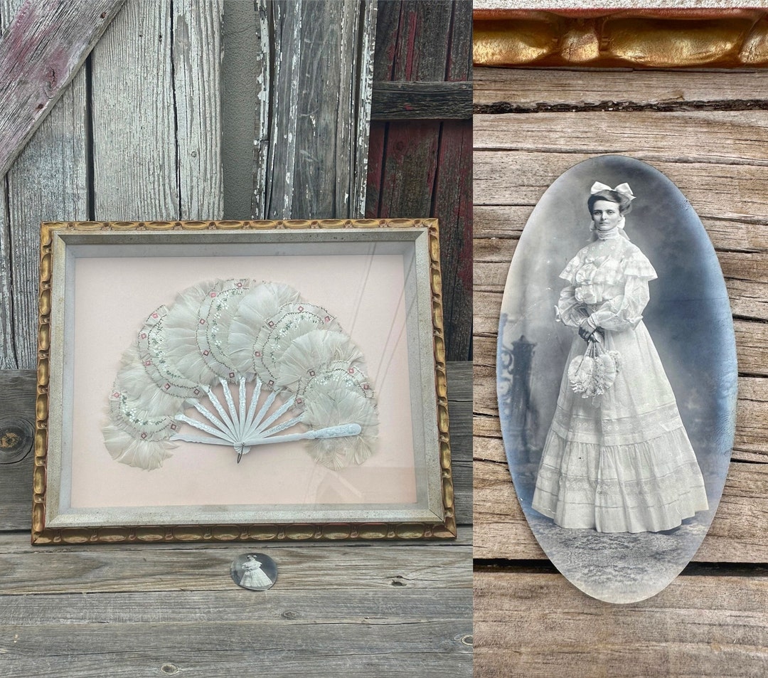 アンティークガラスフレーム 手描きシルク扇 天使と女性 ハンドペイントファン額装 Victorian Antique Hand Painted White Feather Fan Custom Framed