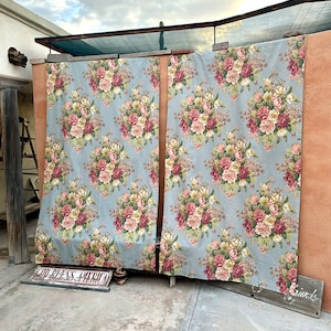Pair of 2 Vintage Shabby Chic Blue Floral Bouquet Drapes 86&quot; x 50&quot;