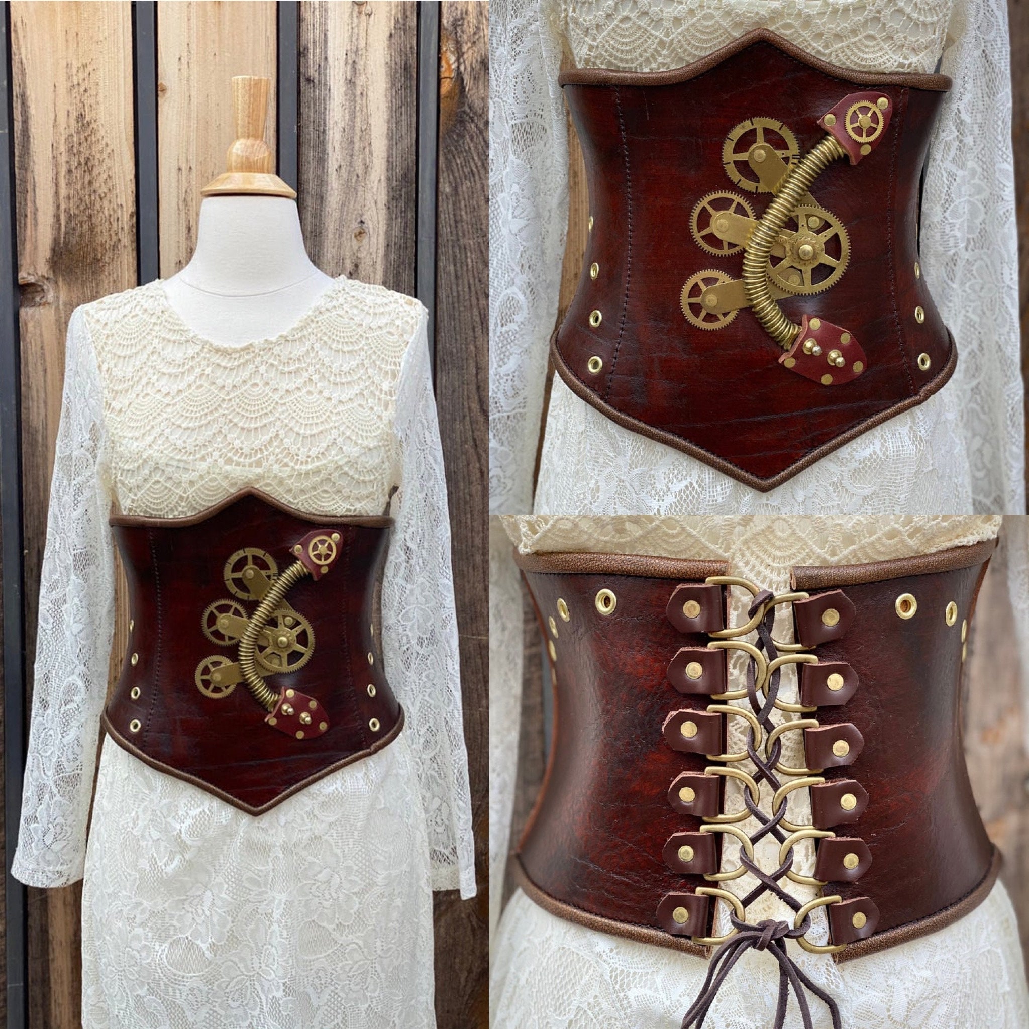SALE Vtg Steampunk Leather Custom Made Underbust Corset Laces Up Back