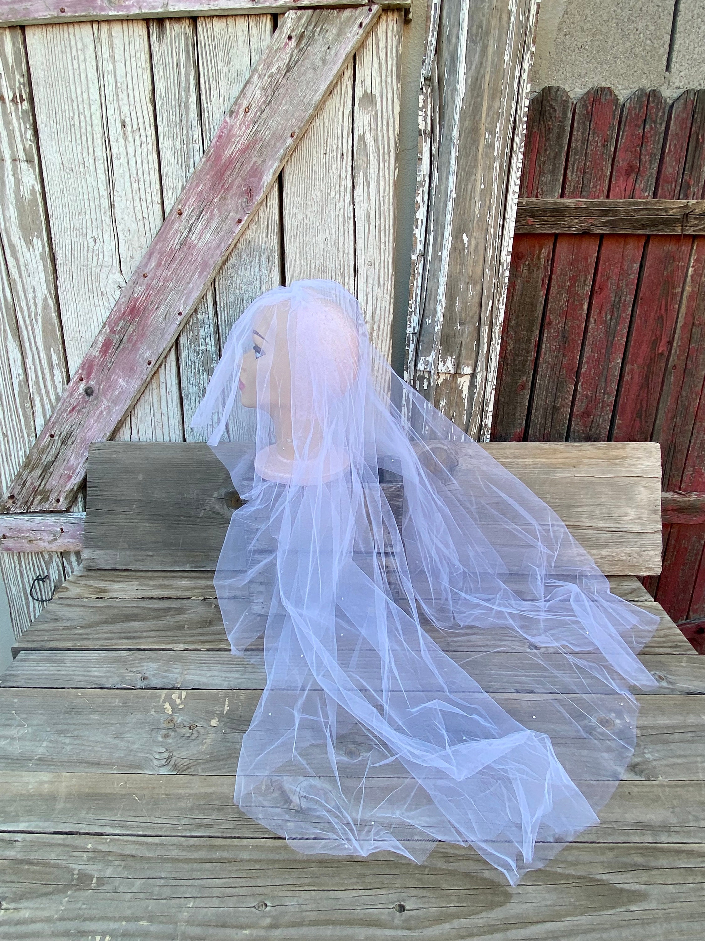 80s Vintage White 2 Tier Hip Length Wedding Veil Rhinestone