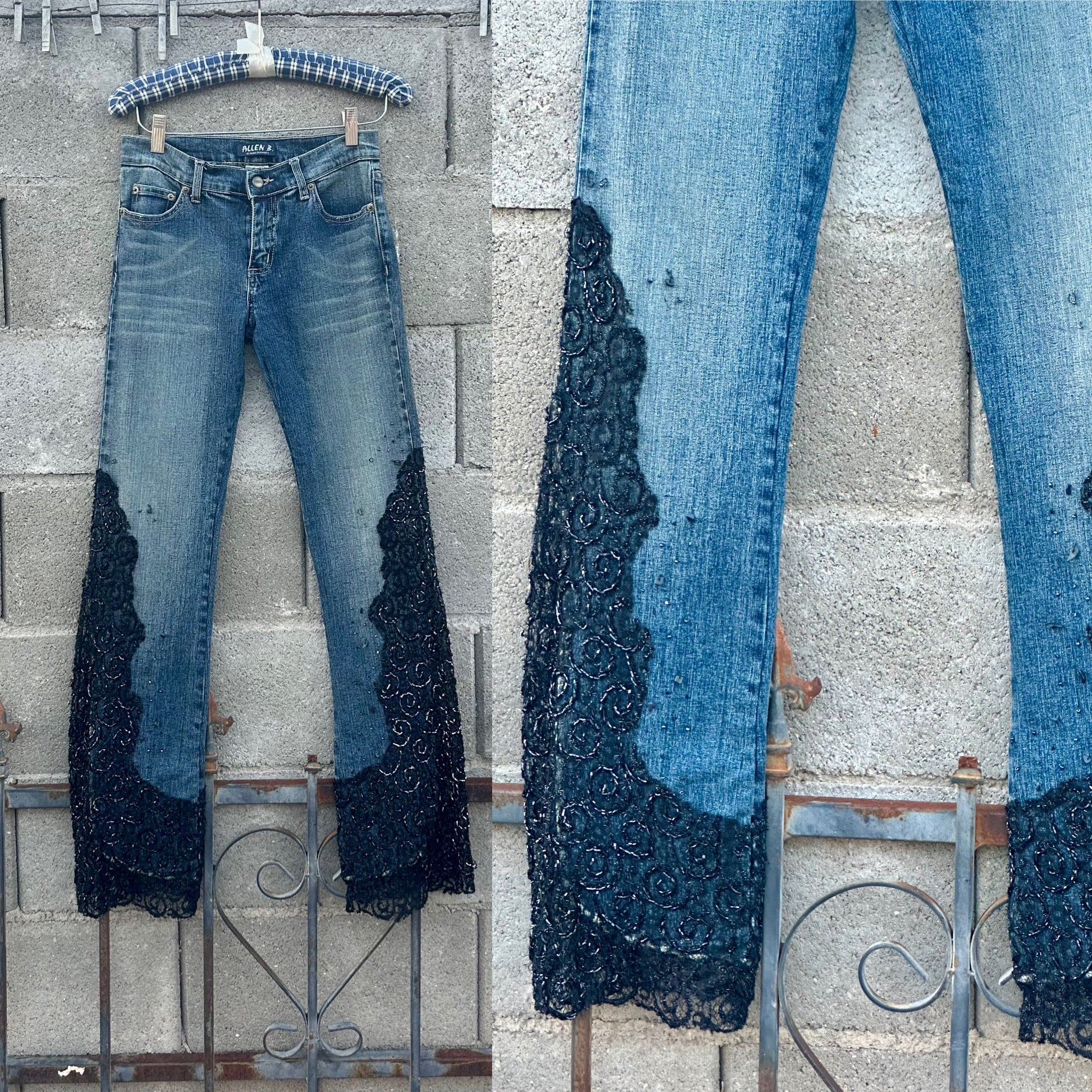 Vintage Allen B Allen Schwartz Blue Denim Jeans Black Beaded Lace