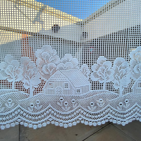 Vintage White Lace 3 Piece Curtain Window Set Featuring Cottage Design With Trees n Flowers