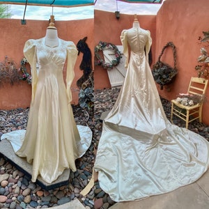 1940s Ivory Satin Art Deco Wedding Gown Puffed Sleeves Empire Waist Hollywood Glam Size XS