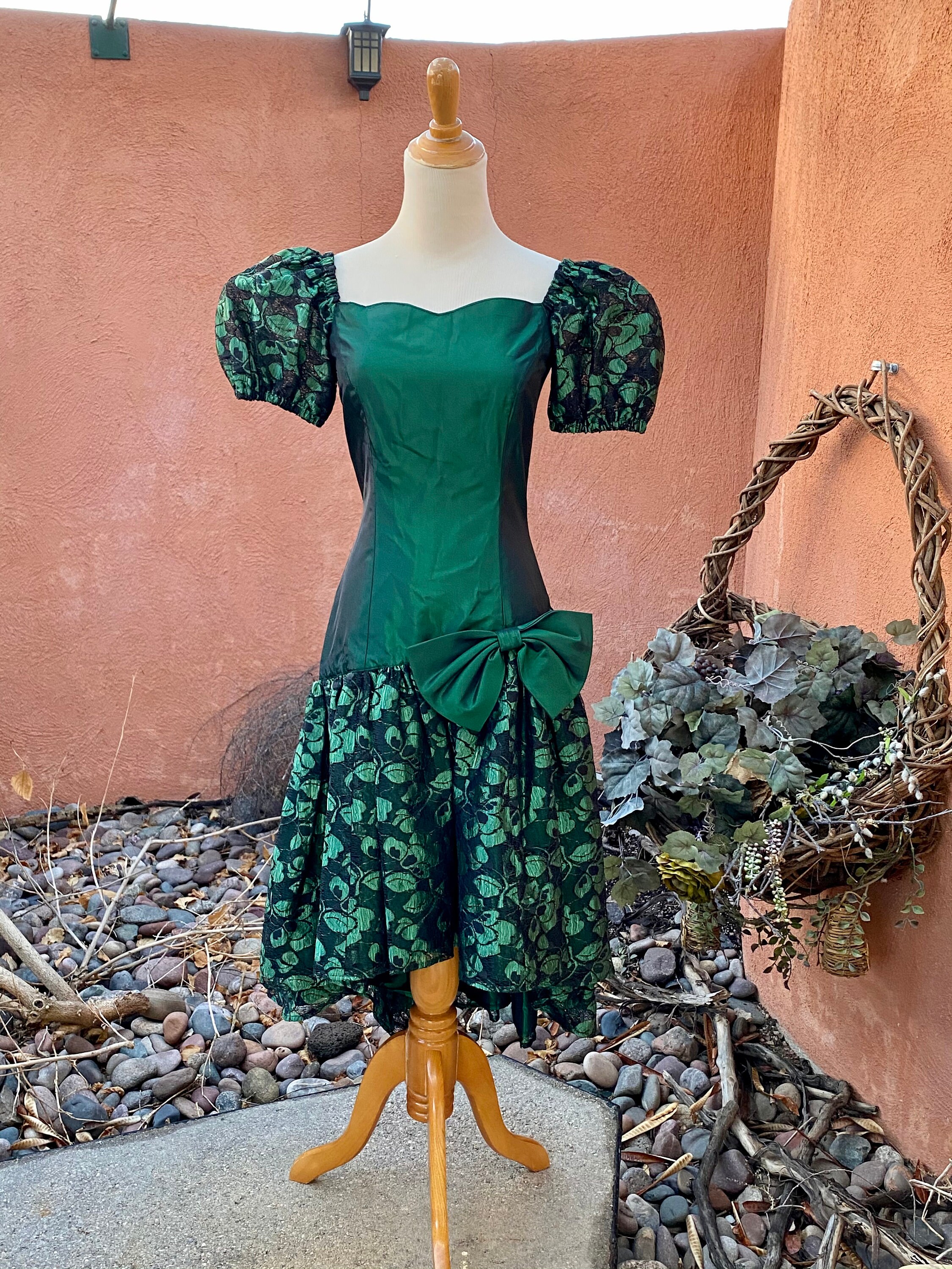 80s Emerald Green Taffeta With Black Lace Dress Asymmetrical