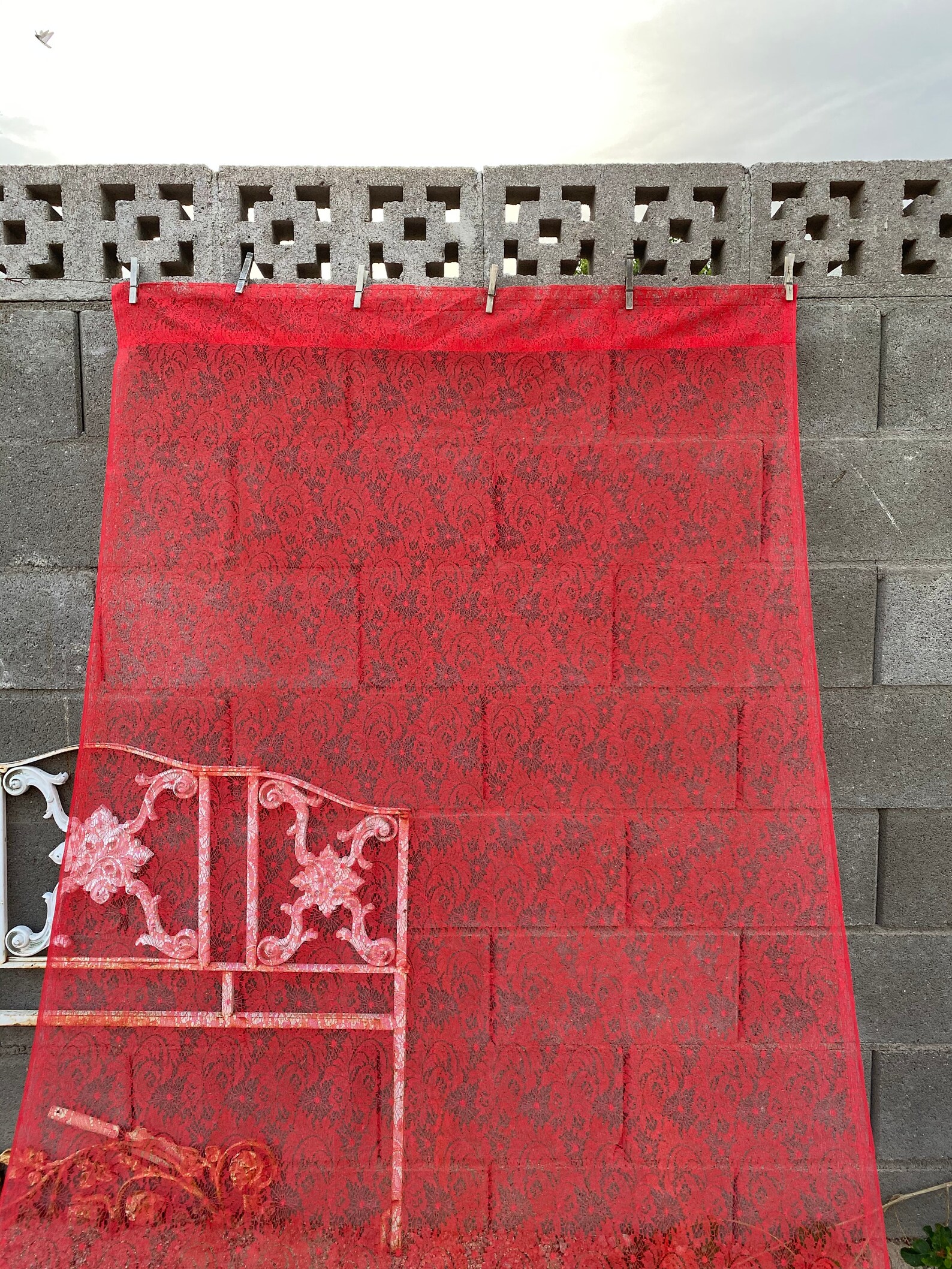 Vintage Romantic Red Lace Curtain Panel 82 X 38 Etsy
