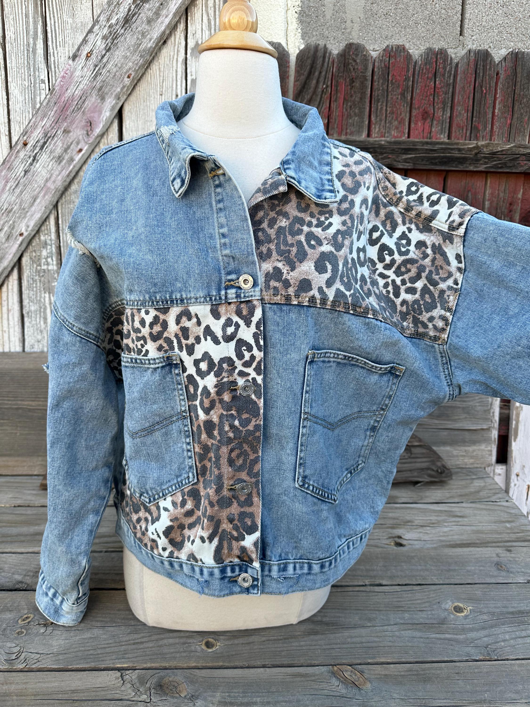 80s Vintage Distressed Denim Jacket Leopard Print Patches Size L
