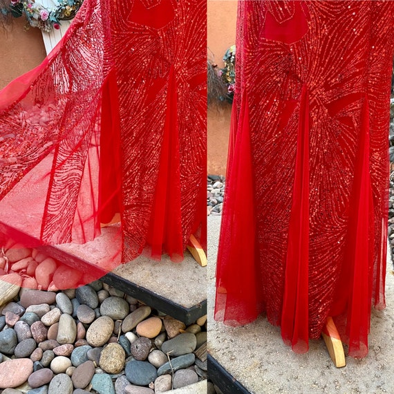 Vintage Red Formal Gown Sparkle Net Overlay Merma… - image 7