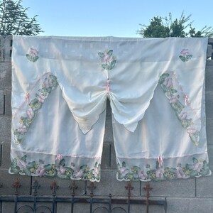 3 Piece Vintage Ivory Curtain Panels n Valance Set Pink Ribbons Floral Trim