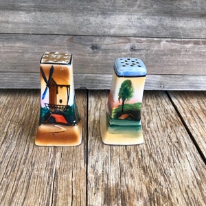 1940s Salt and Pepper Shakers Hand Painted Asian Windmill Scenes Made in Japan