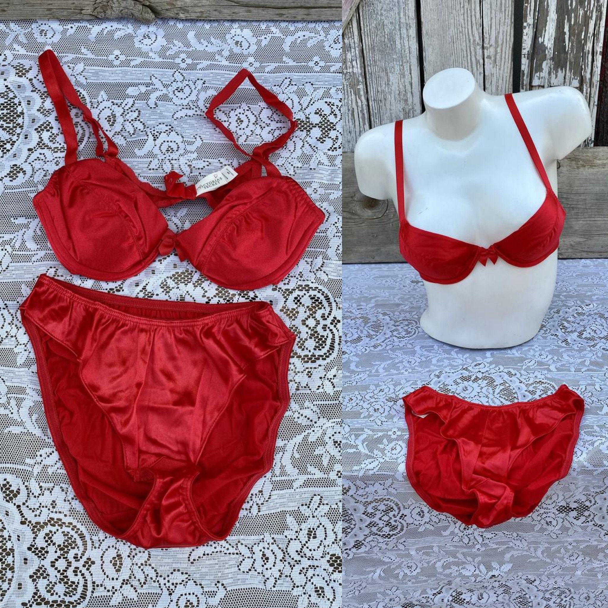 1995 Victoria's Secret 2 Piece Set Red Satin Miracle Bra 32B With Matching  Red Bikini Panties Size S NEW Old Stock 