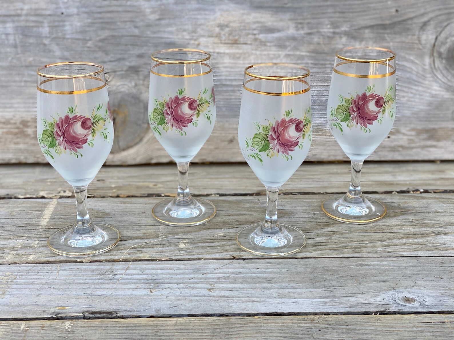 Vintage Set Of 4 Frosted Gold Trim Wine Glasses With Shabby Etsy