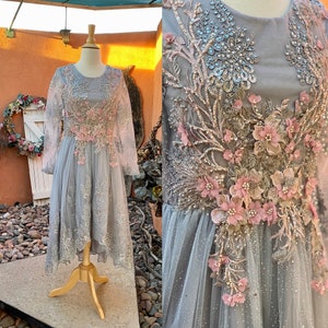 90s Silvery Tulle  Formal Party Dress 3D Pink Flowers Sparkle Lace Asymmetrical Hem Size M